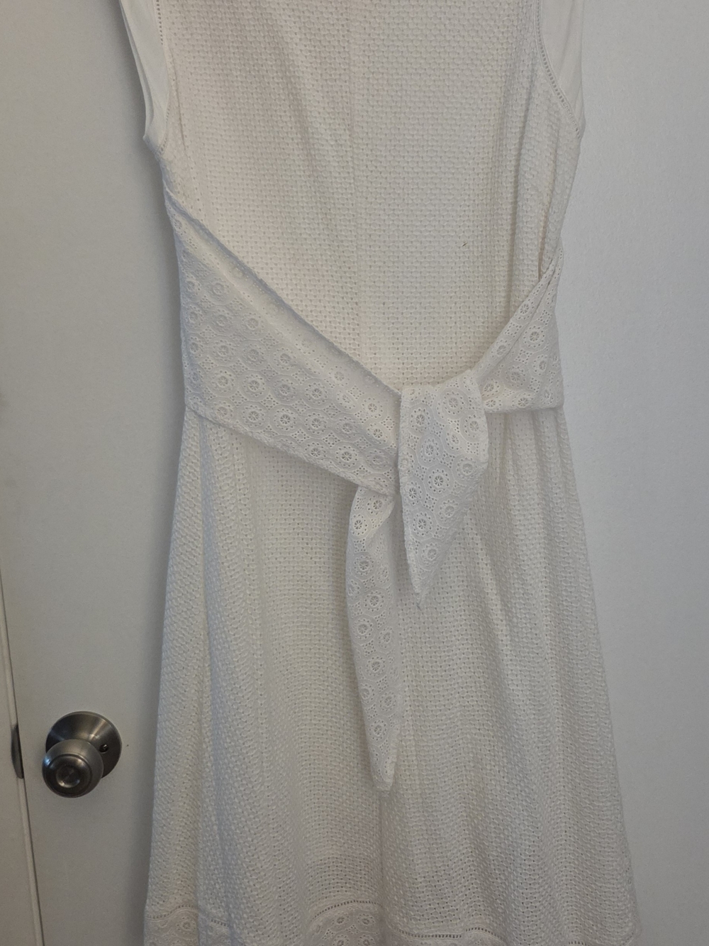 CAbi White Sleeveless Eyelet Tie-Waist Midi Dress